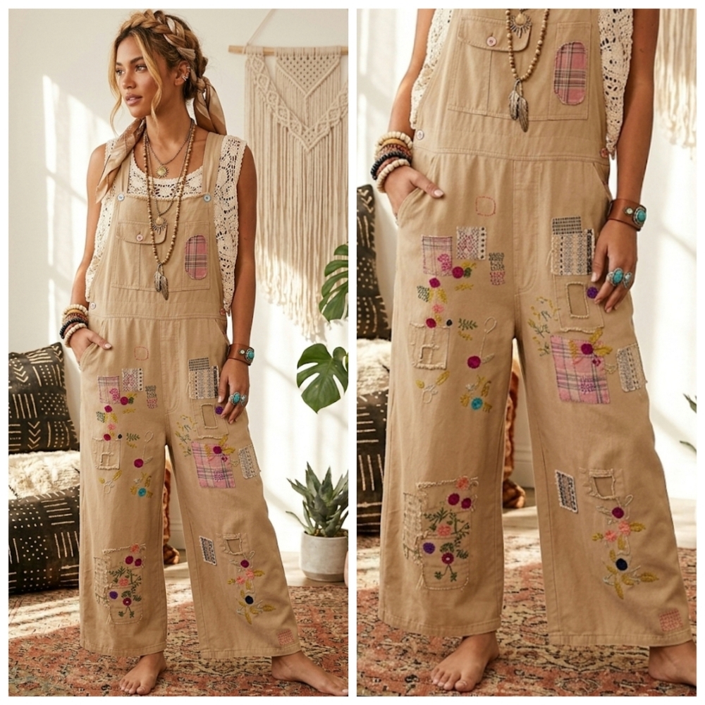 Blue Velvet Patchwork & Embroidered Mineral Washed Overalls